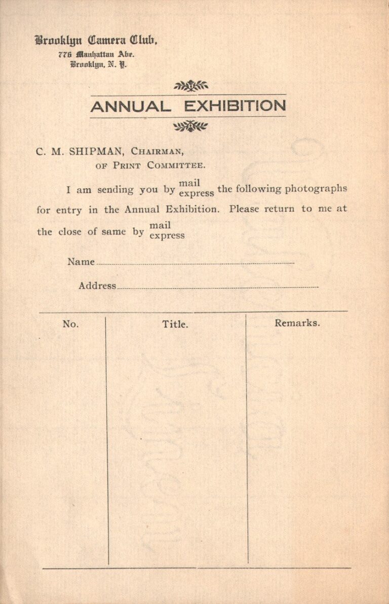 Brooklyn Camera Club Exhibition Entry Form