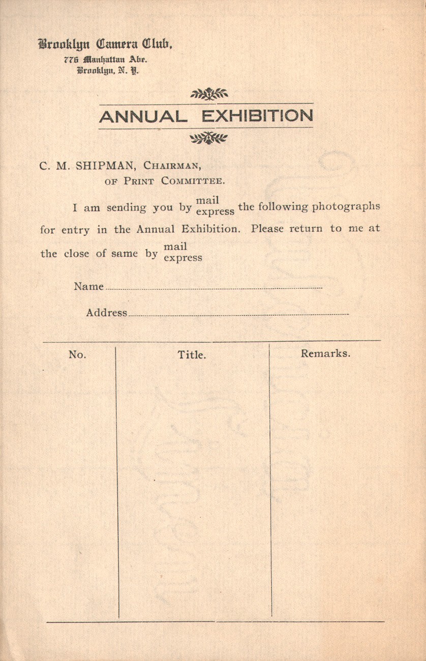 Brooklyn Camera Club Exhibition Entry Form